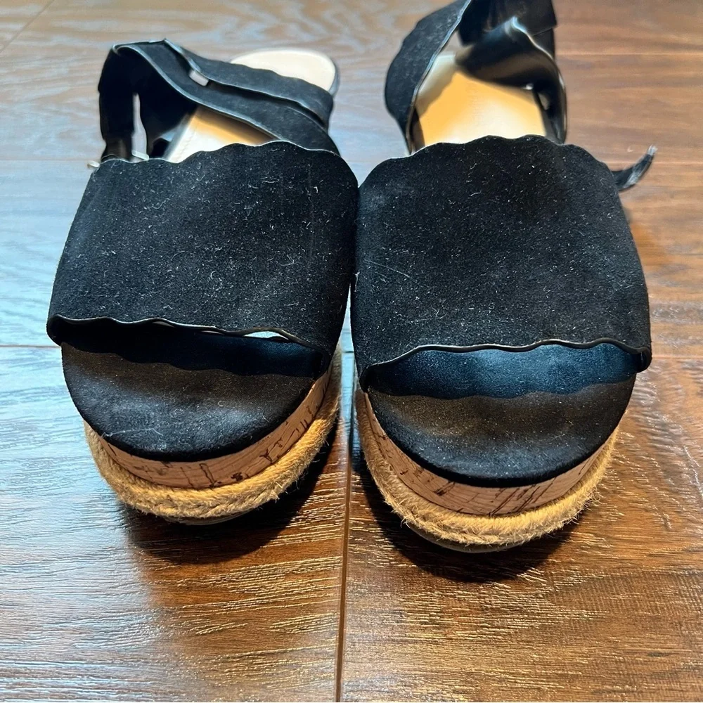 Marc Fisher Faitful Black Suede Platform Wedge Cork Sandal | 8.5